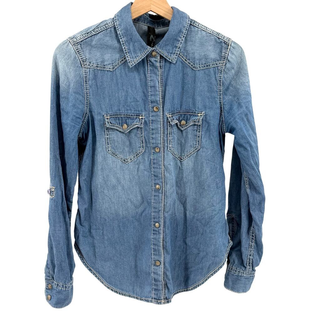 Seven For All Mankind Blue 100% Cotton Western Snap Roll Tab Chambray Shirt